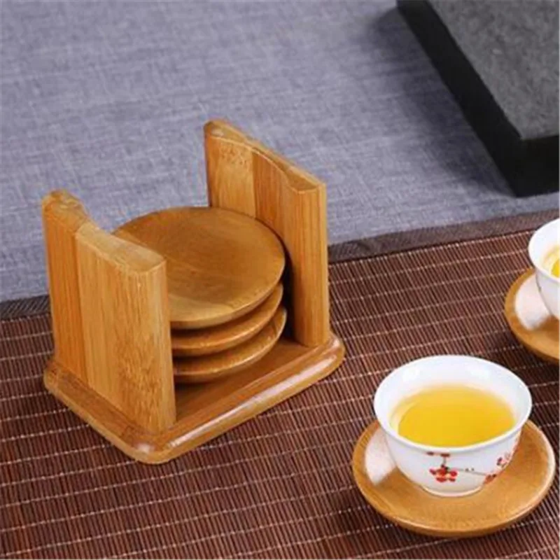 6PCS Round Shape Bamboo Coaste - Marble Coaster Set 评论和价格