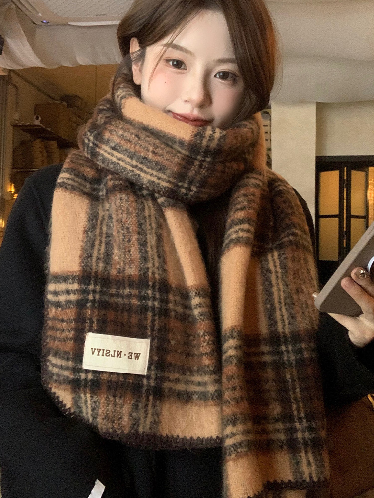 Brown Plaid Scarf Unisex Winte - Cashmere Scarf 评论和价格